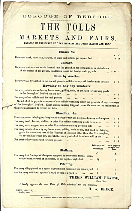 1869 new fees for Bedford market stalls
